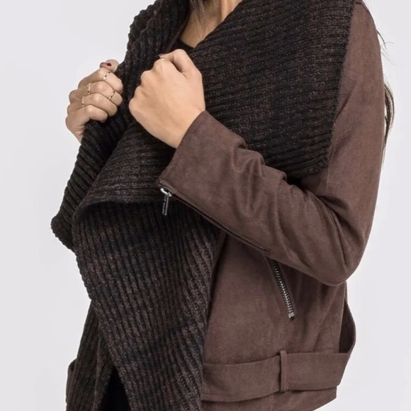 Lush Women’s Draped Faux Suede and Sweater Brown Open Front Moto Jacket Sz L - Picture 3 of 16
